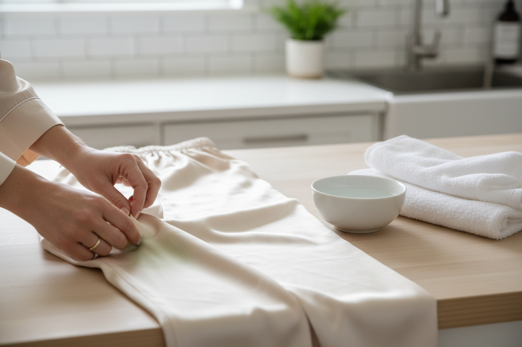 Silk fabric with a faint greenish tint being inspected after washing.