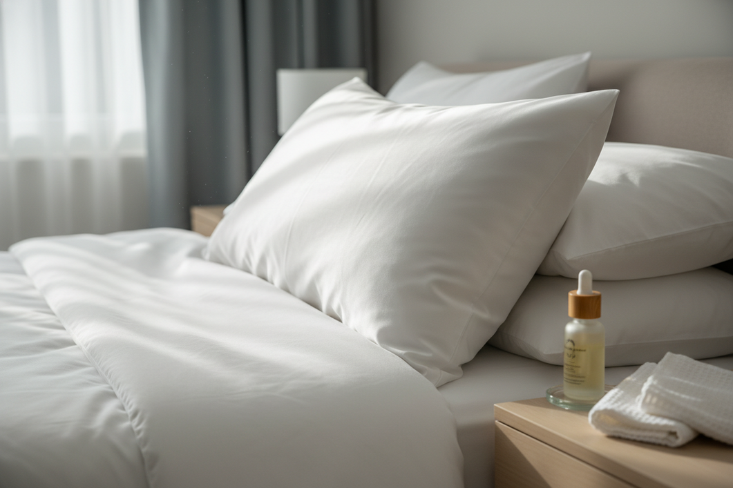Silk pillowcase care setup with a serum bottle nearby and a gentle blotting towel