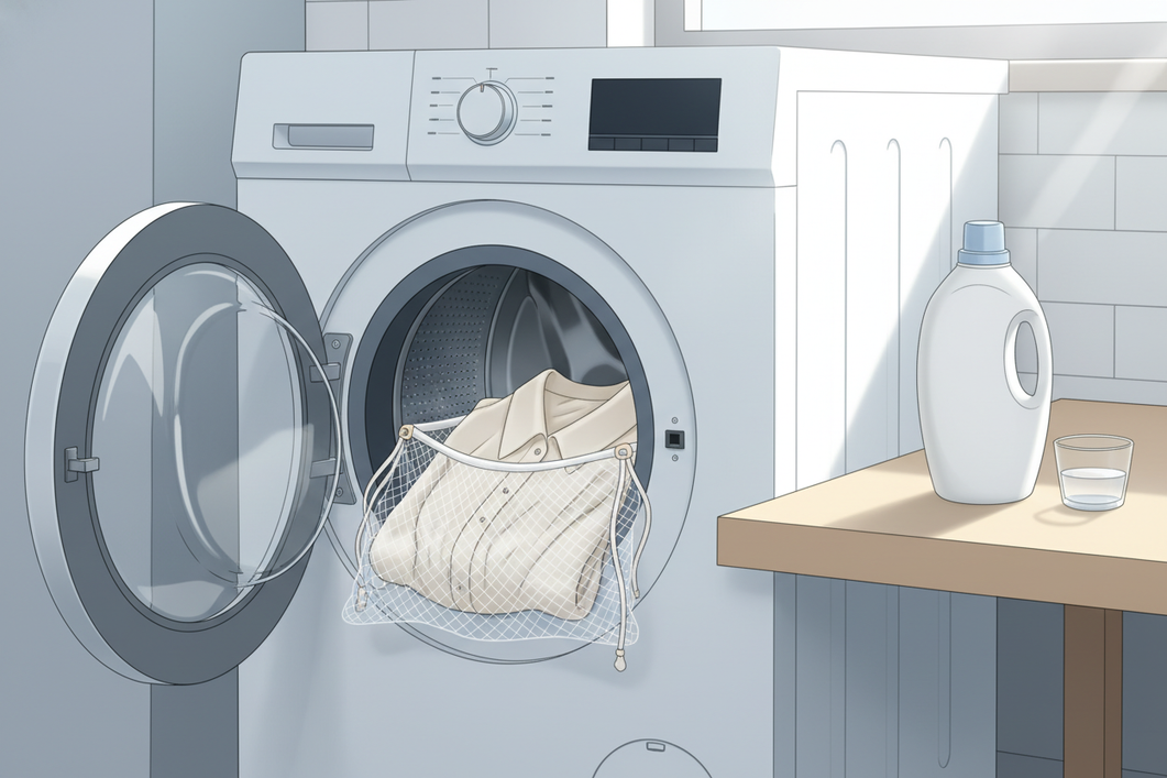 Delicate silk laundry scene with a mesh bag, washing machine, and a softener bottle nearby, illustrating careful machine washing.