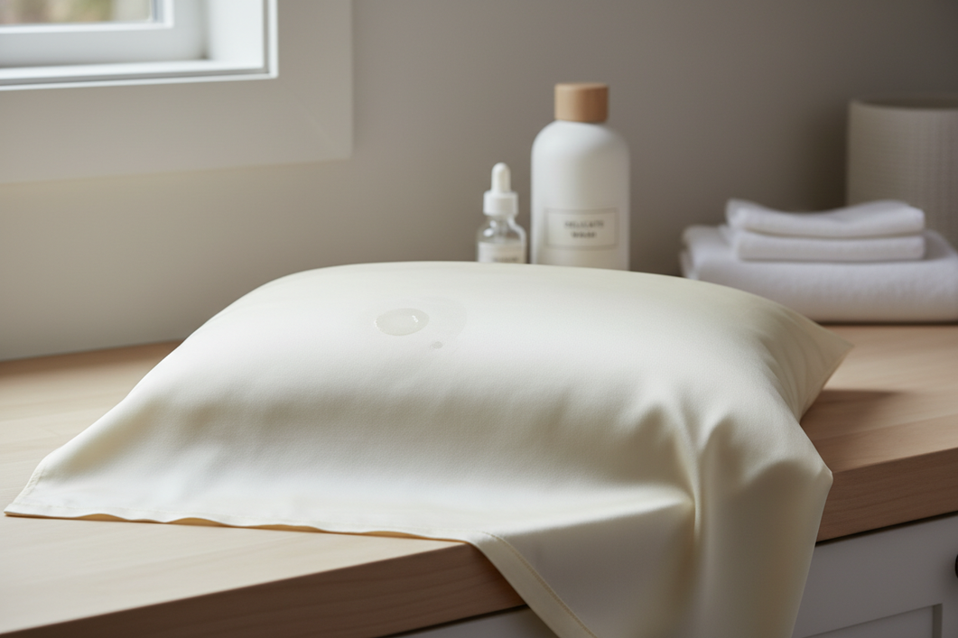 Silk pillowcase with a small ointment spot beside a folded towel