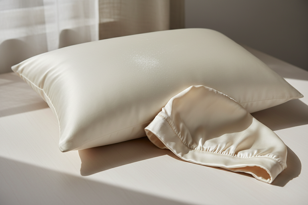 Silk pillowcase and silk bonnet with faint dry shampoo powder residue on the surface