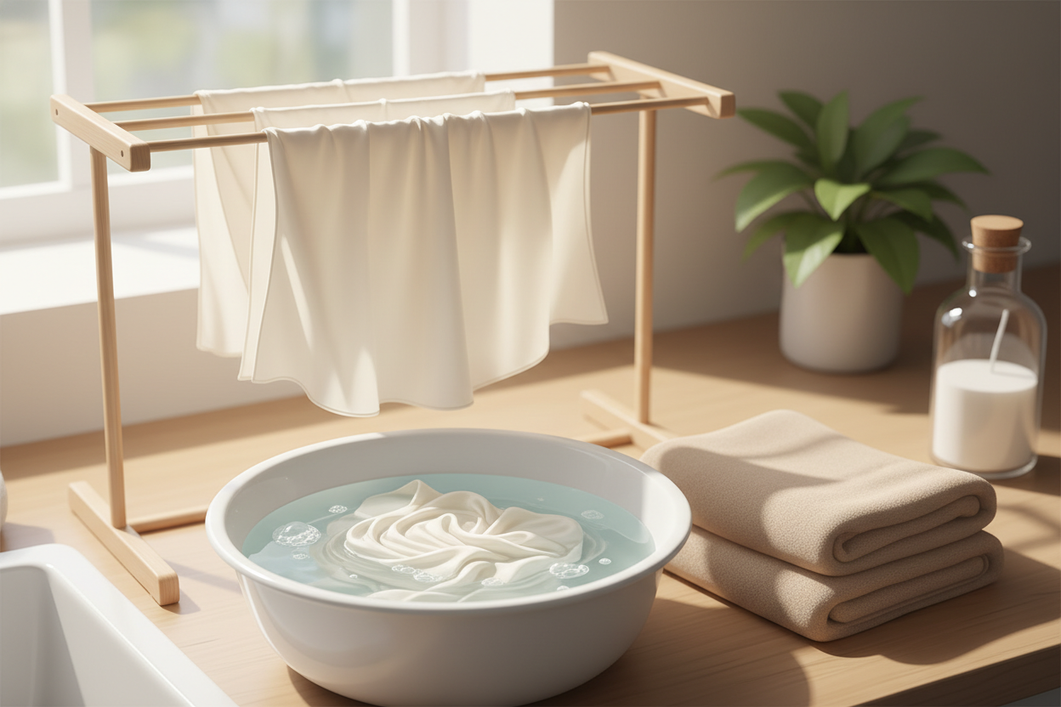 Silk pajamas beside a basin of cool water with a towel and drying rack, illustrating gentle care after night sweats.