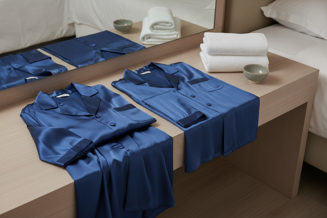 Men’s silk pajama set, silk shirt, and silk robe laid out for laundry care.