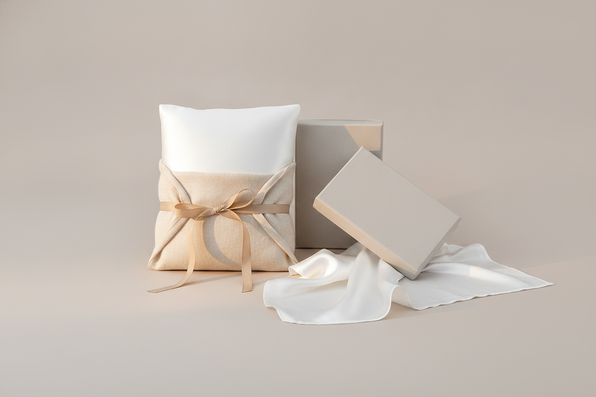 Silk pillowcase gift arranged with soft wrapping and a gift box