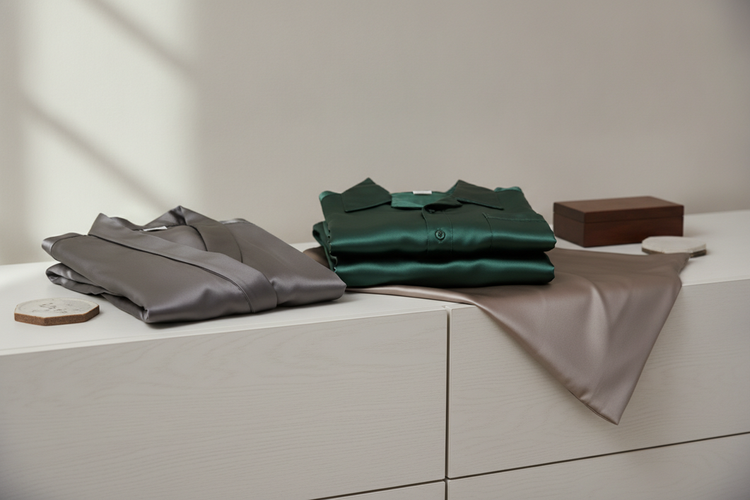 A wrapped silk gift set with men’s sleepwear, a robe, and a pillowcase on a clean dresser.