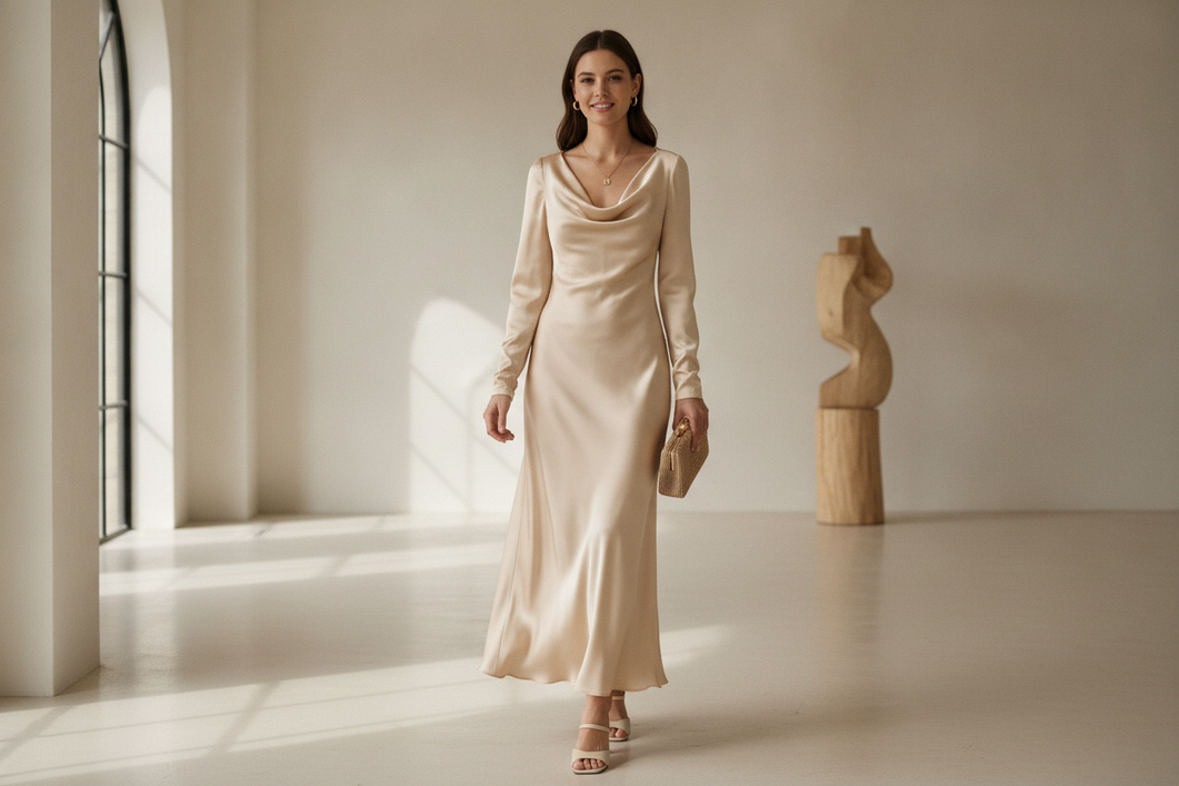 Silk wedding guest dress styled with understated accessories in a refined neutral setting