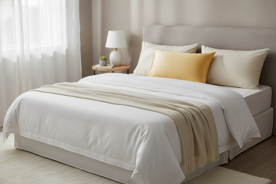 Silk pillowcase on a neatly made bed with soft daylight and a subtle sheen