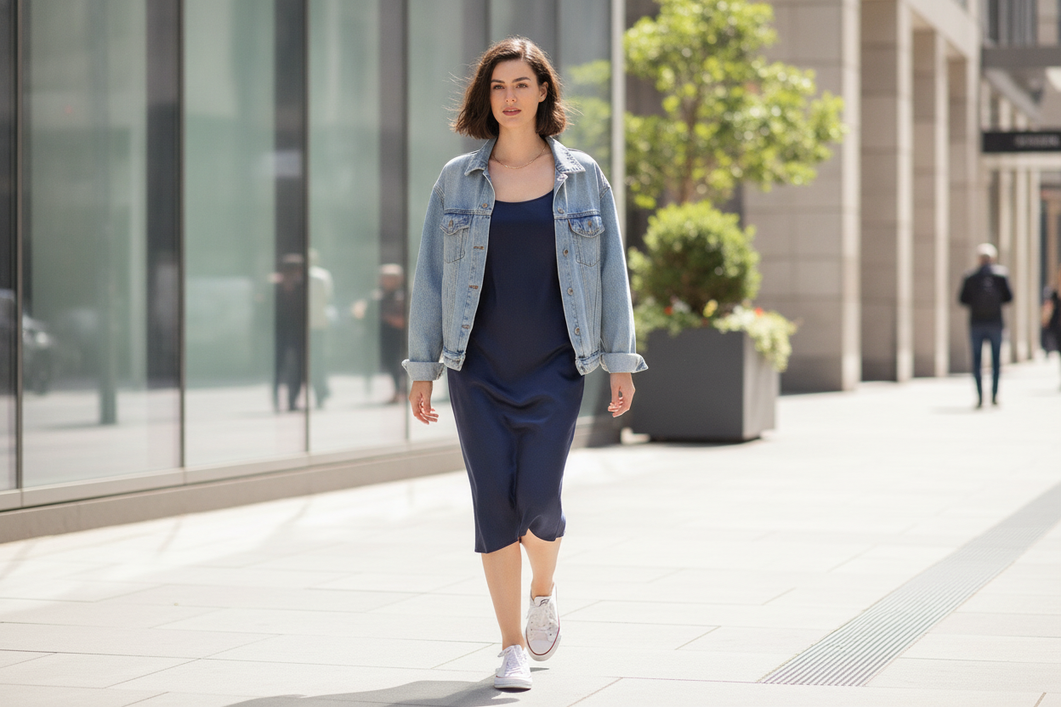 A silk slip dress styled with a denim jacket and sneakers for a casual daytime look