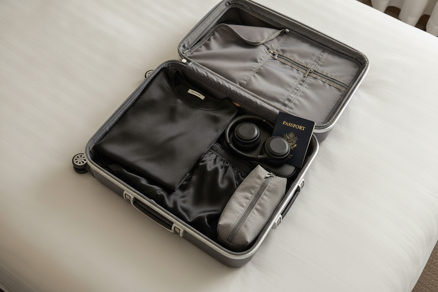 Lightweight men’s silk sleepwear folded neatly inside an open carry-on suitcase beside travel essentials.