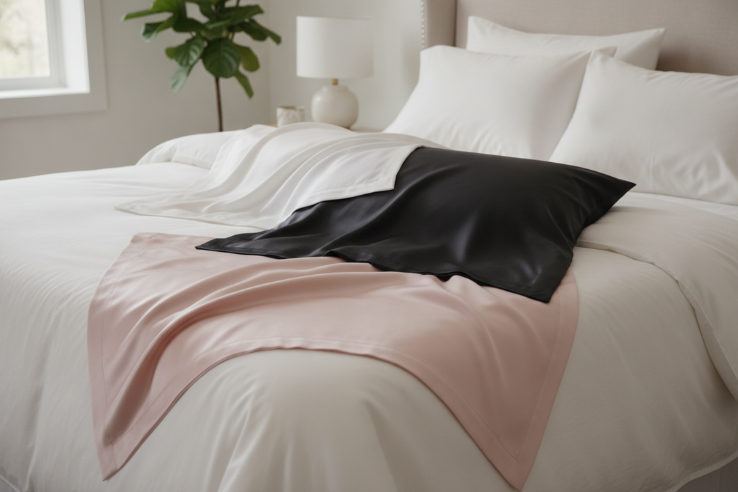 Three silk pillowcases in white, black, and pink on a neatly styled bed