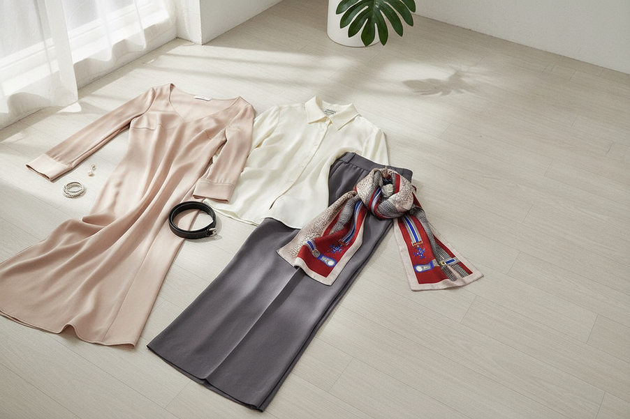 Silk dress, silk shirt, silk pants, and silk scarf styled in a clean neutral outfit layout