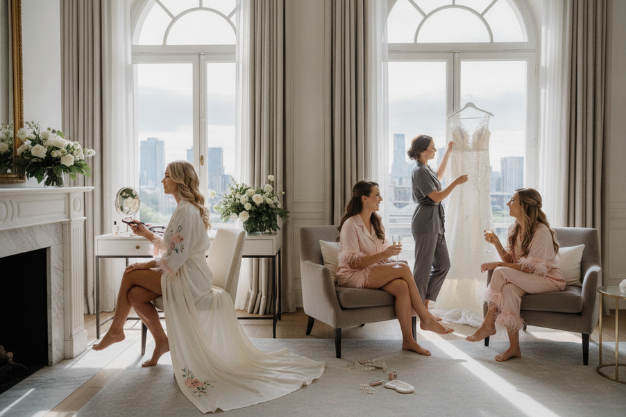 Bridal party in matching silk robes and pajama sets for a wedding morning