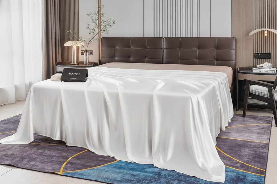 Silk fitted sheet and flat sheet layered on a neatly made bed