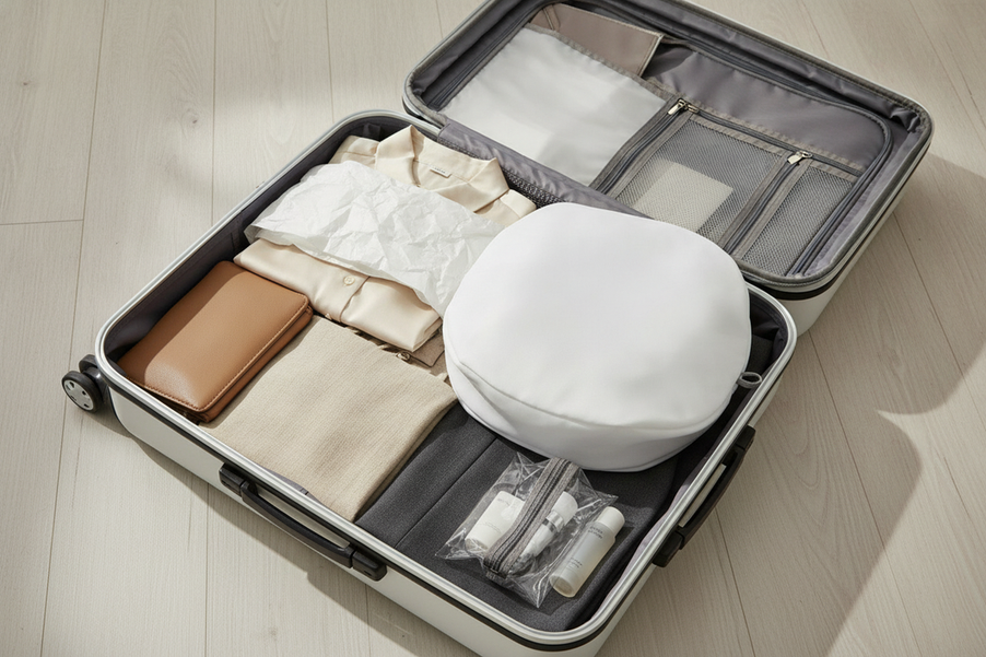 Open suitcase with folded silk clothing wrapped in white tissue paper and a soft garment bag for travel