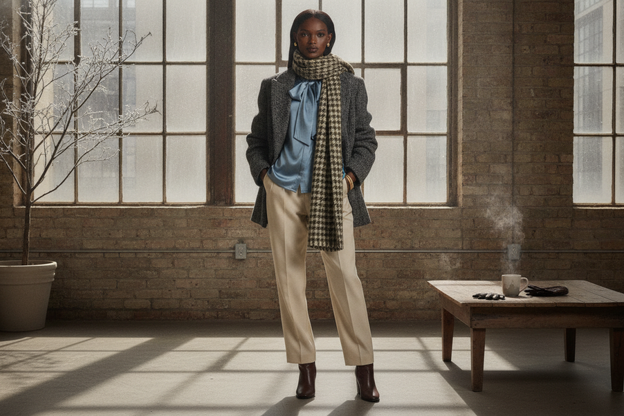Mujer en un conjunto editorial de invierno con una blusa de seda en capas bajo un blazer de punto, ideal para estilismo urbano de temporada.
