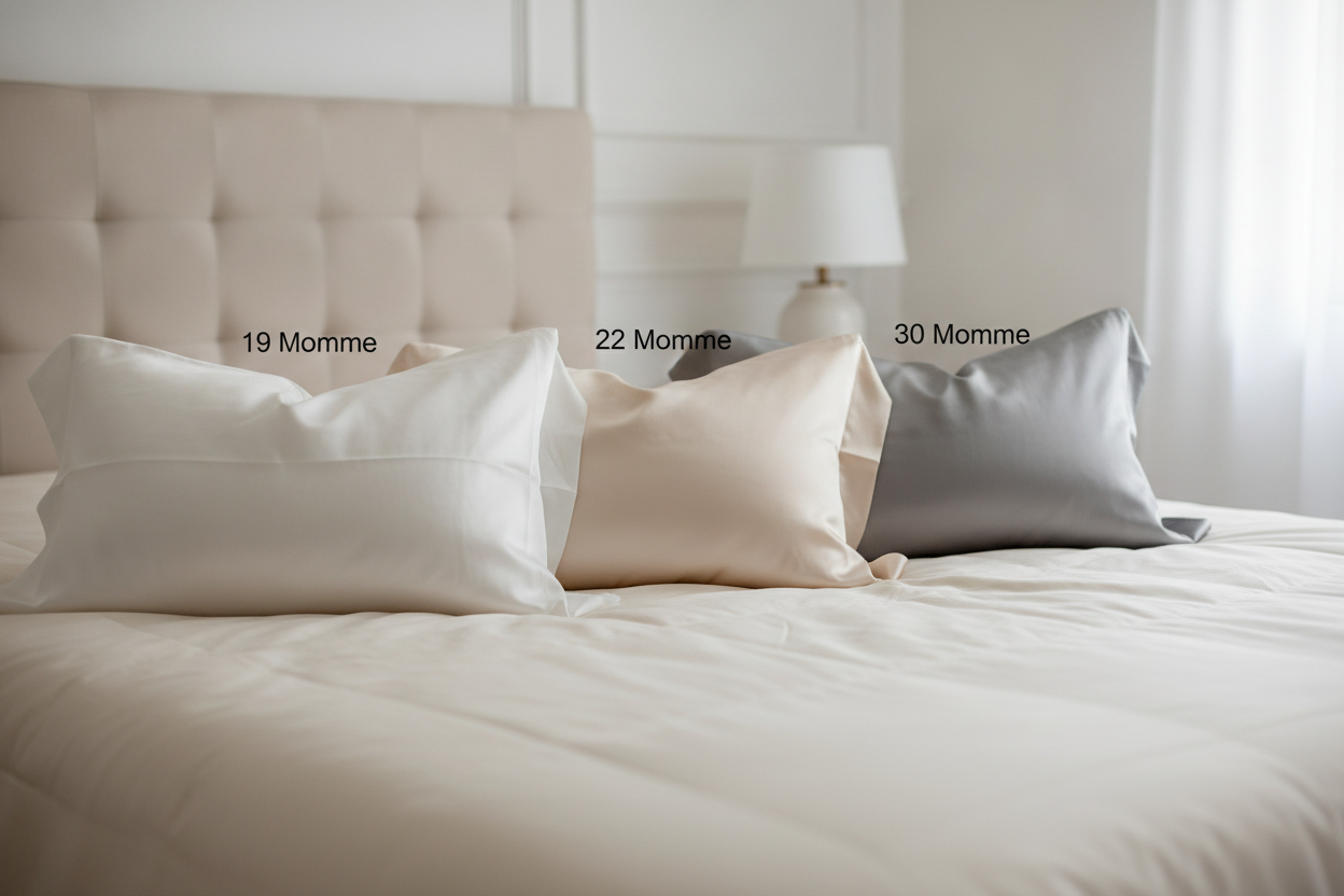 Three silk pillowcases arranged to compare 19, 22, and 30 momme options