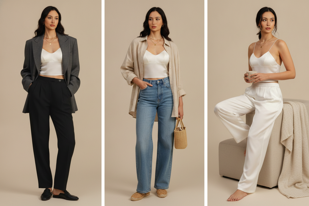 A silk camisole styled under a blazer, with a summer outfit and lounge look shown nearby