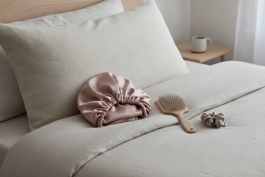 A silk hair wrap laid out beside a detangling brush on a bedroom pillow