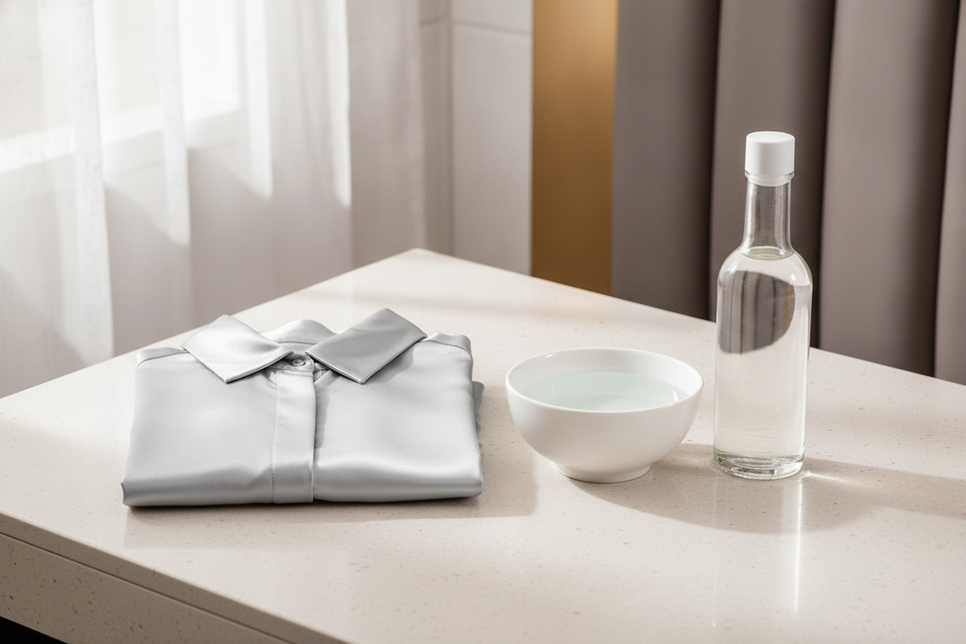 Silk garment care items beside a gentle rinse bowl