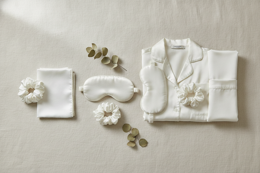 Silk gift ideas arranged by budget with scrunchies, eye mask, pajama set, and bedding set