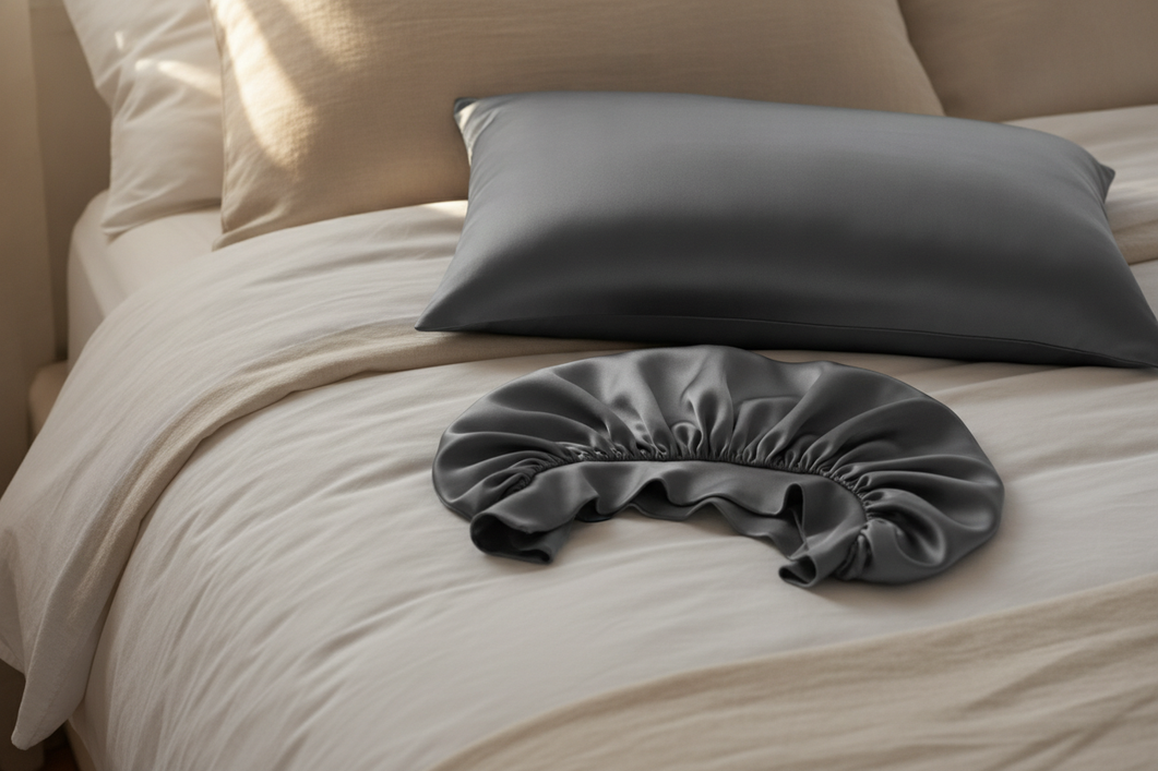 Silk bonnet and silk pillowcase on a neatly made bed