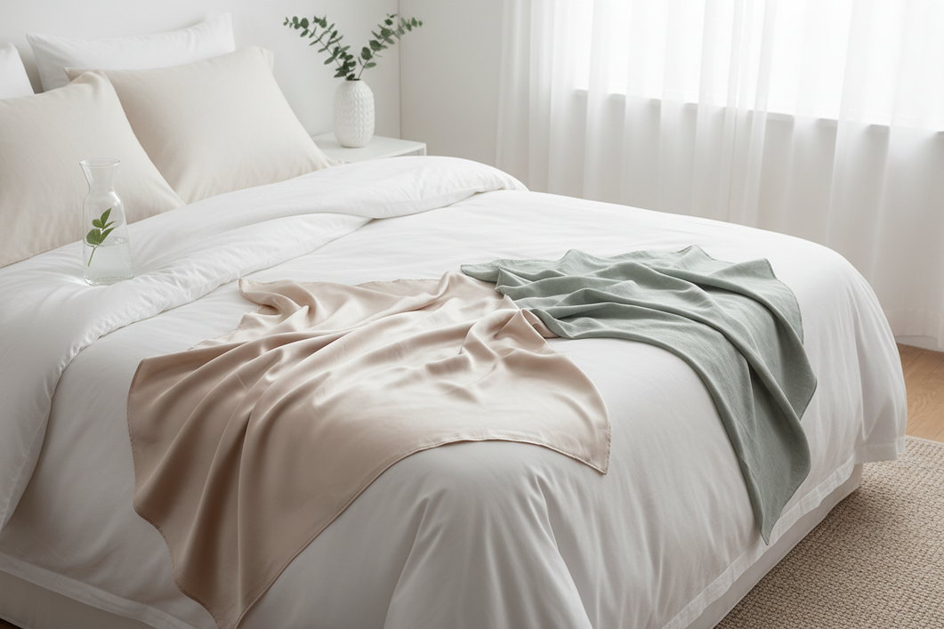 Silk and bamboo sleep fabrics compared on a neatly made bed.