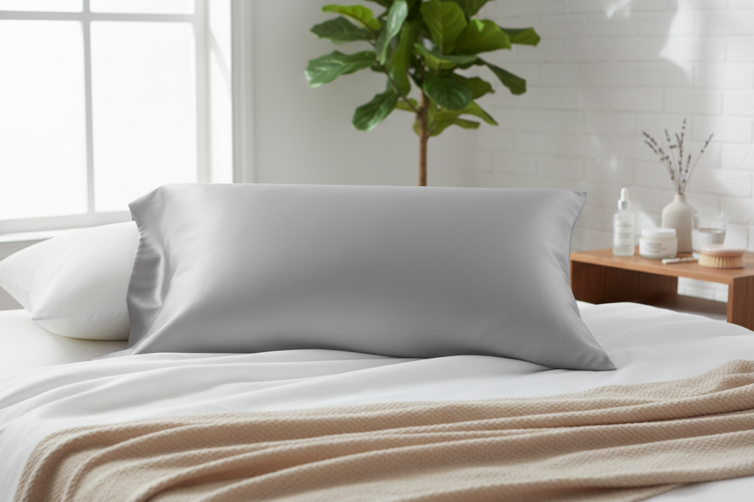 A silk pillowcase beside simple skincare items on a bedroom bed