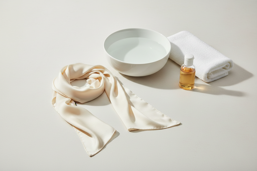 A silk scarf laid flat beside a basin, towel, and gentle detergent