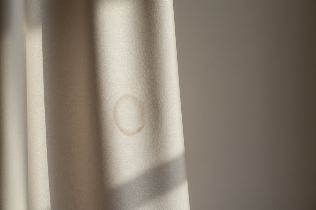 Silk fabric with a faint water ring and soft sheen changes after drying