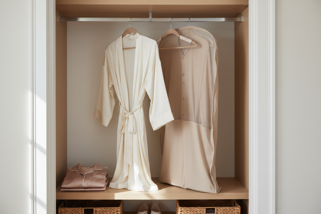 A silk robe and pajamas stored neatly in a breathable closet with smooth support and soft spacing