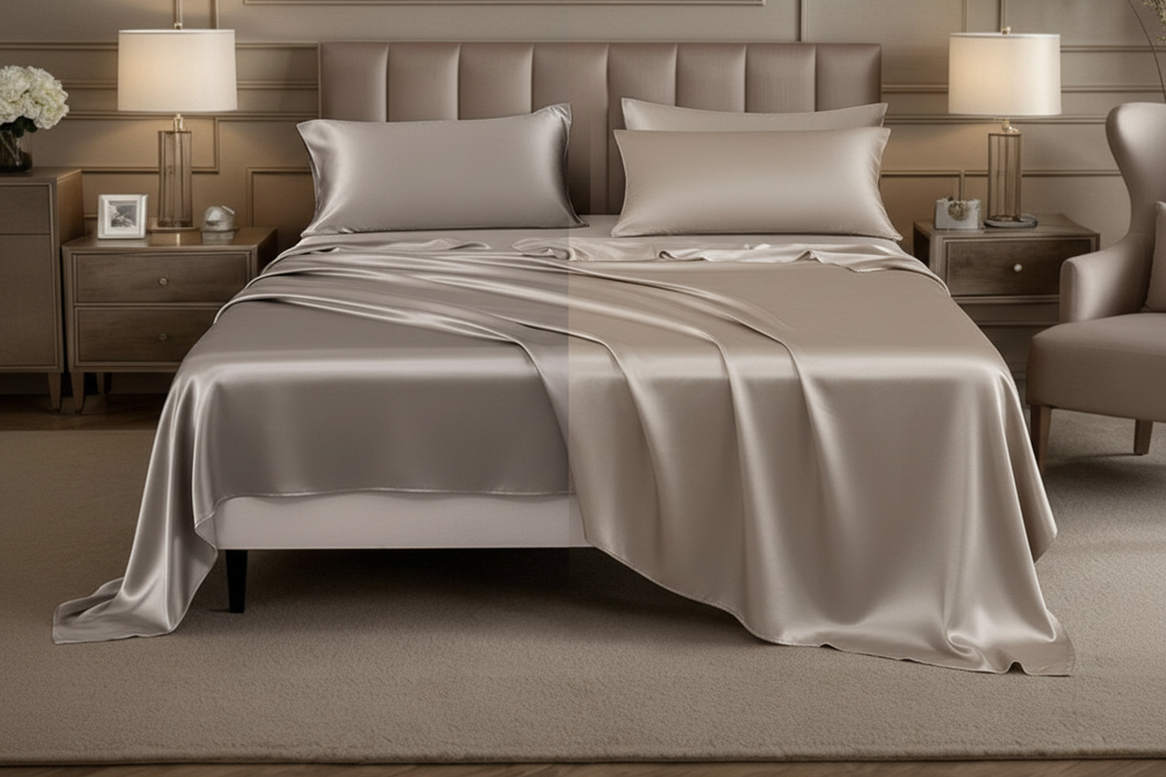 Silk and bamboo sheet sets arranged side by side on a neatly made bed with a warm, breathable bedroom look for a hot sleeper comparison.