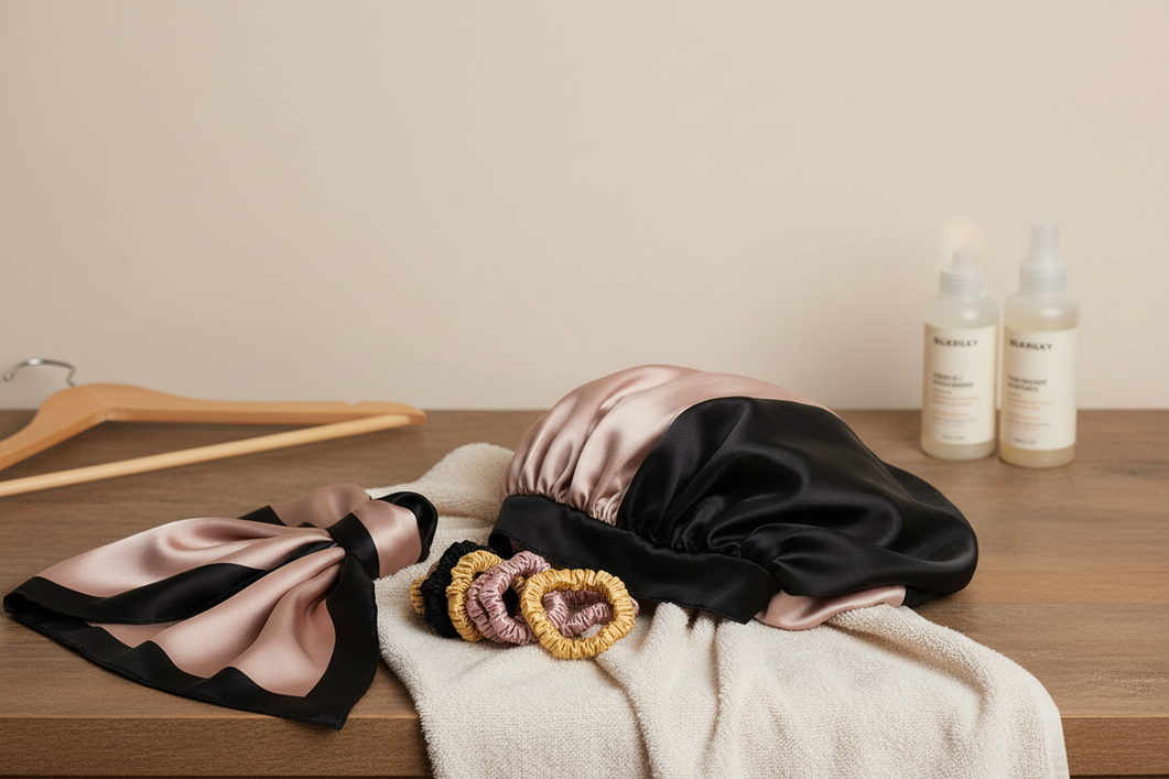 Silk scrunchie, silk bonnet, and silk hair scarf arranged for gentle hand-washing care guidance