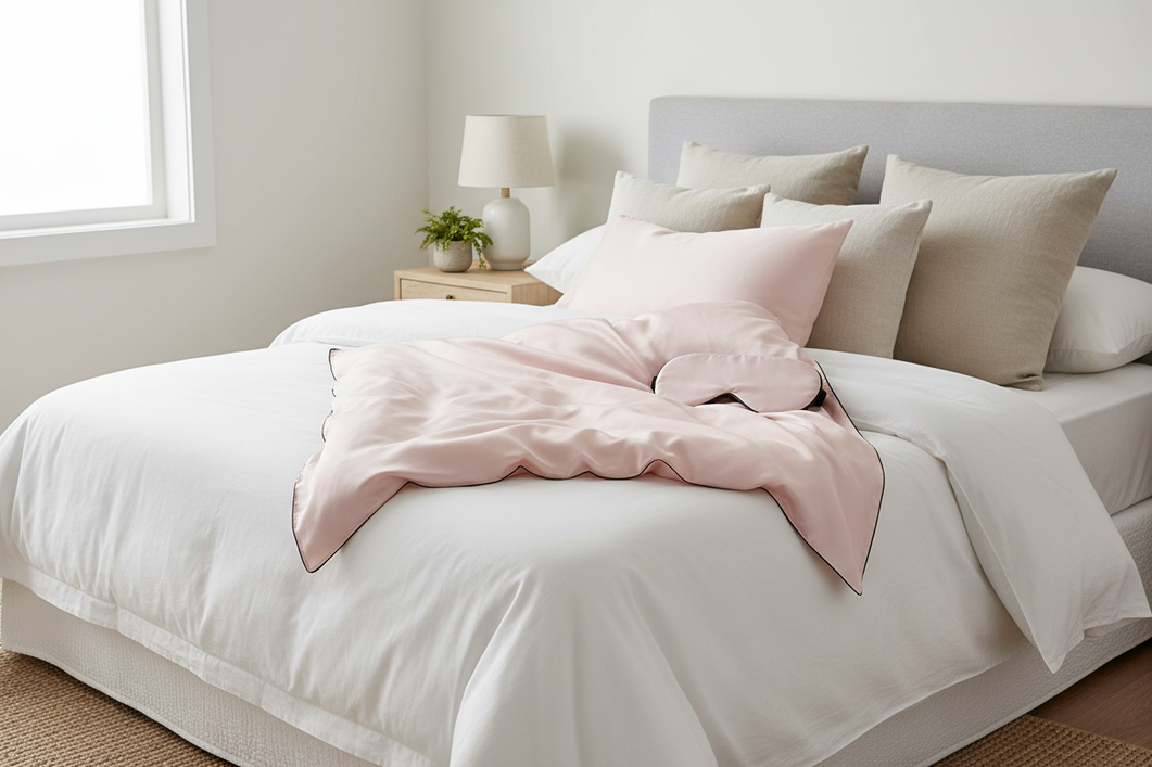 A silk pillowcase styled on a neatly made bed in a new bedroom