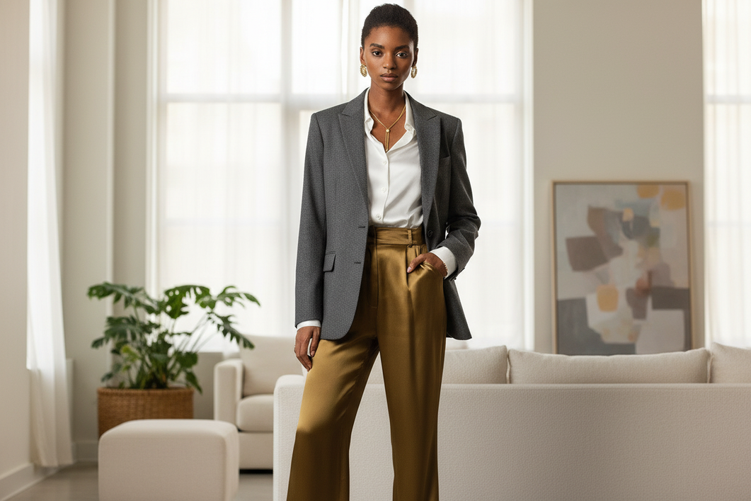 Woman wearing silk pants with a crisp white shirt and blazer in a polished city outfit