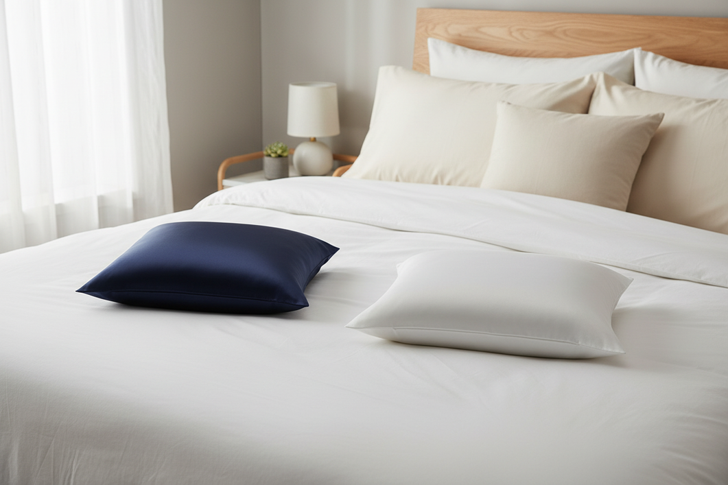 Silk and cotton comparison displayed with folded fabric swatches and a simple bedroom setting.