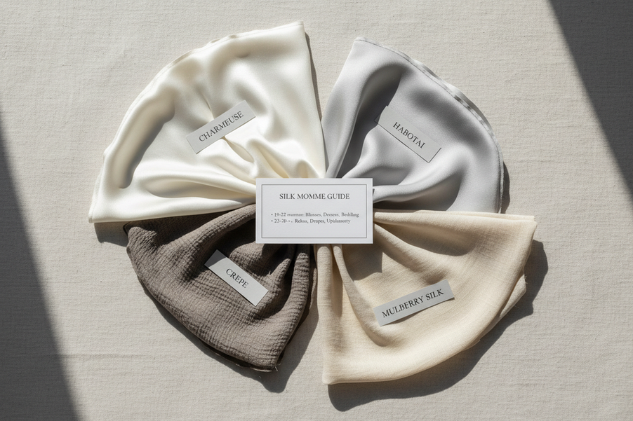 Silk fabric swatches labeled charmeuse, crepe, habotai, and mulberry silk beside a momme guide