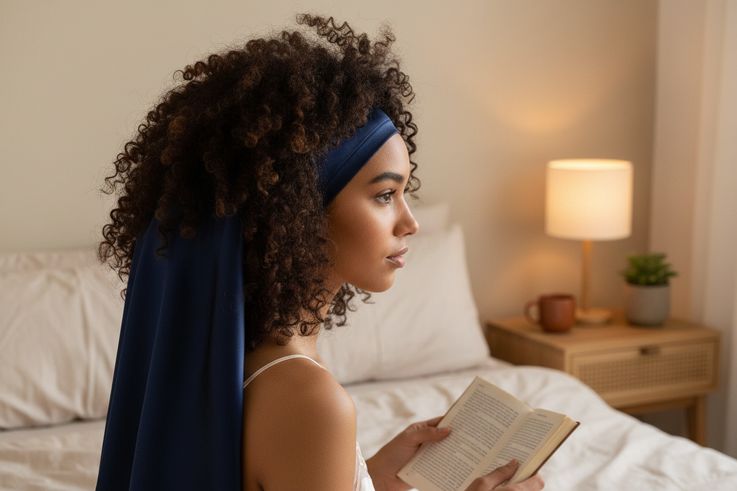 Curly hair tucked into a silk bonnet before bed