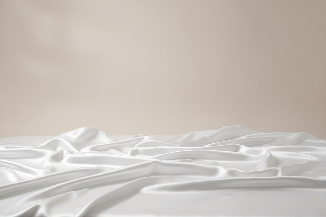 A close-up of luxurious silk fabric draped on a neutral surface with soft light highlighting its sheen and smooth texture.