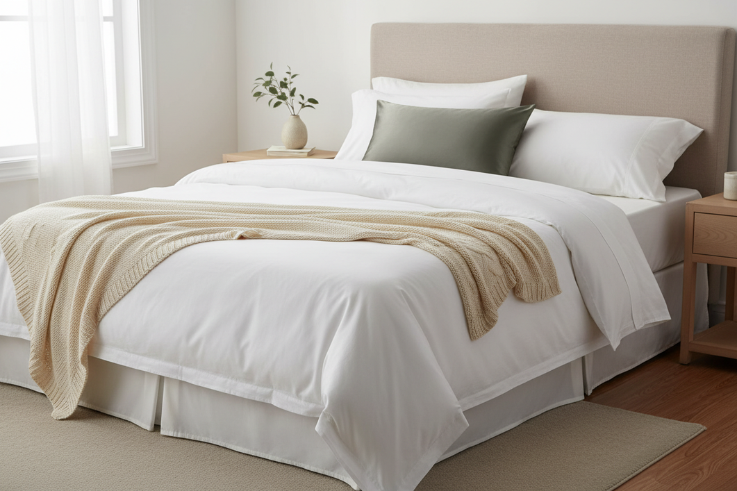 Silk pillowcase styled on white bedding with a soft neutral color palette