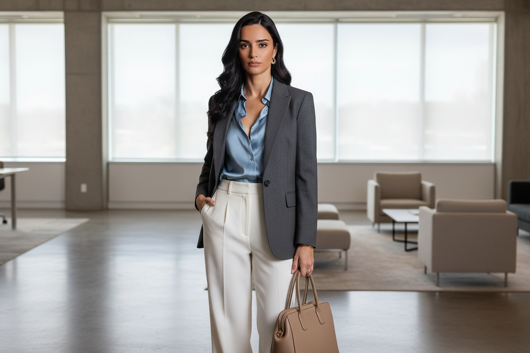 Silk blouse styled for the office with tailored layers and neutral accessories