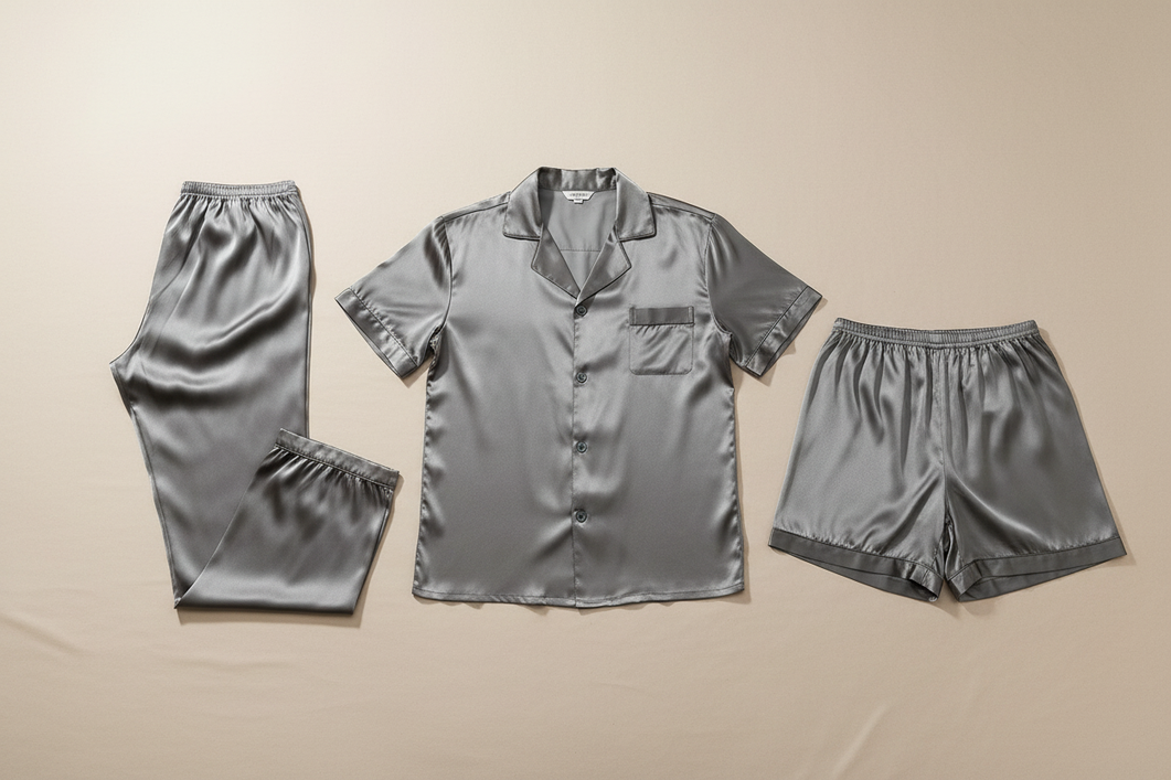 Men’s silk pajamas laid out as a button-down set with shorts and pants options for hot sleepers