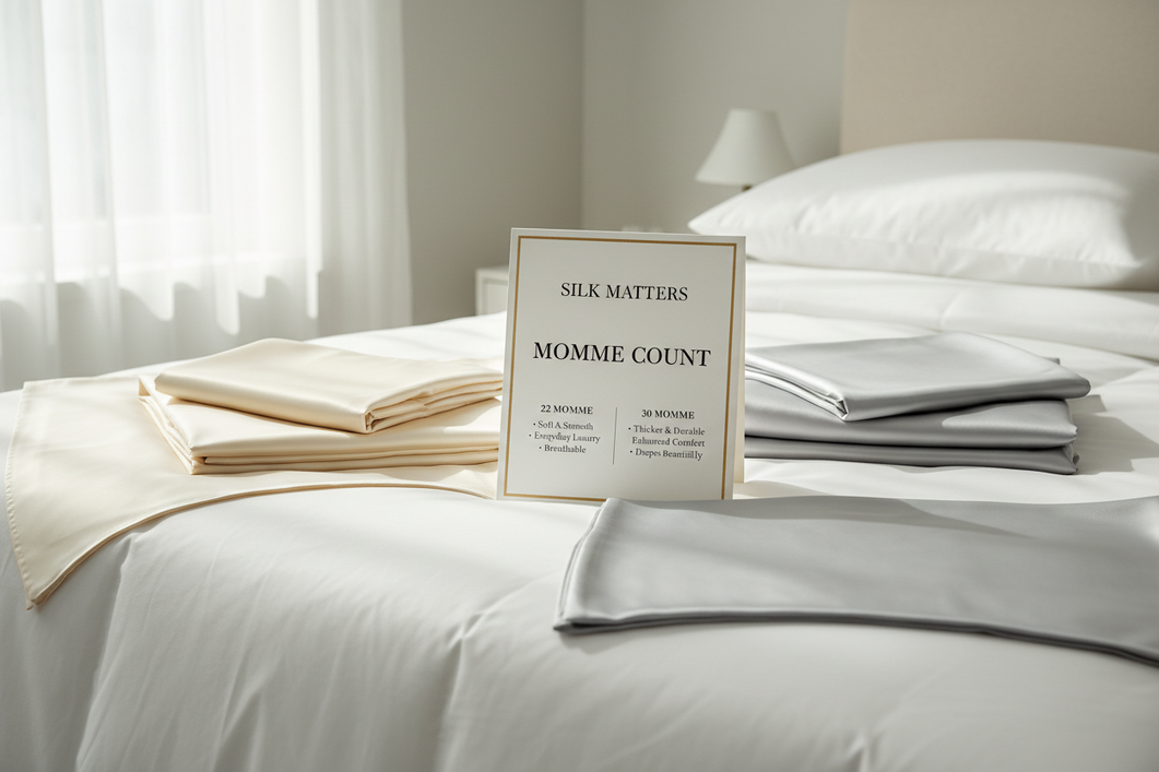 Silk bedding comparison with momme on a product page beside folded pillowcases and sheets