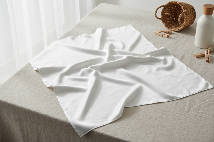 A silk pillowcase laid flat after washing, showing a smooth but slightly wrinkled surface.