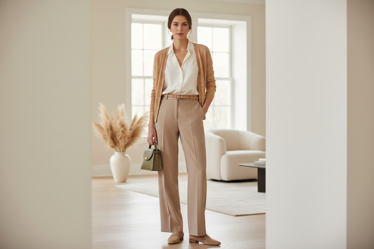 Silk blouse layered under a fine-gauge knit cardigan for a clean fall outfit