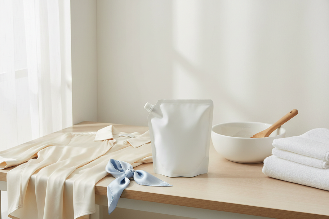A silk blouse beside a gentle detergent bottle and a wash basin, showing a simple silk-care setup.