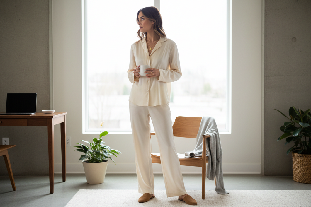 Woman wearing a silk pajama set styled as polished loungewear in a calm home setting