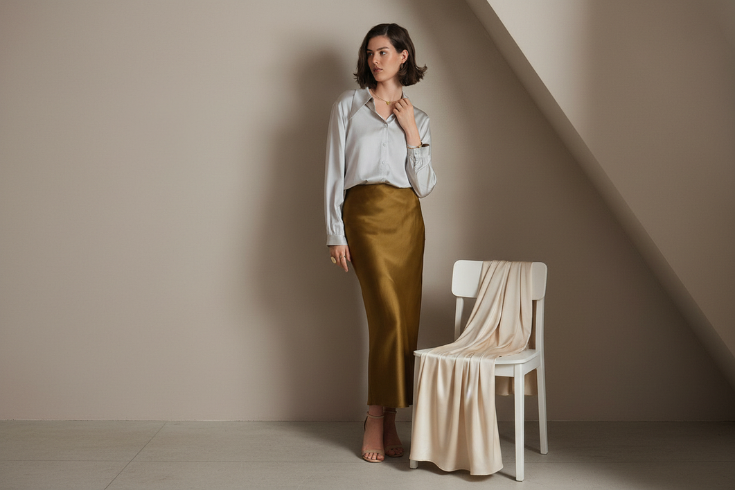 A muted silk shirt, tailored trousers, and a slip dress styled for a quiet luxury outfit