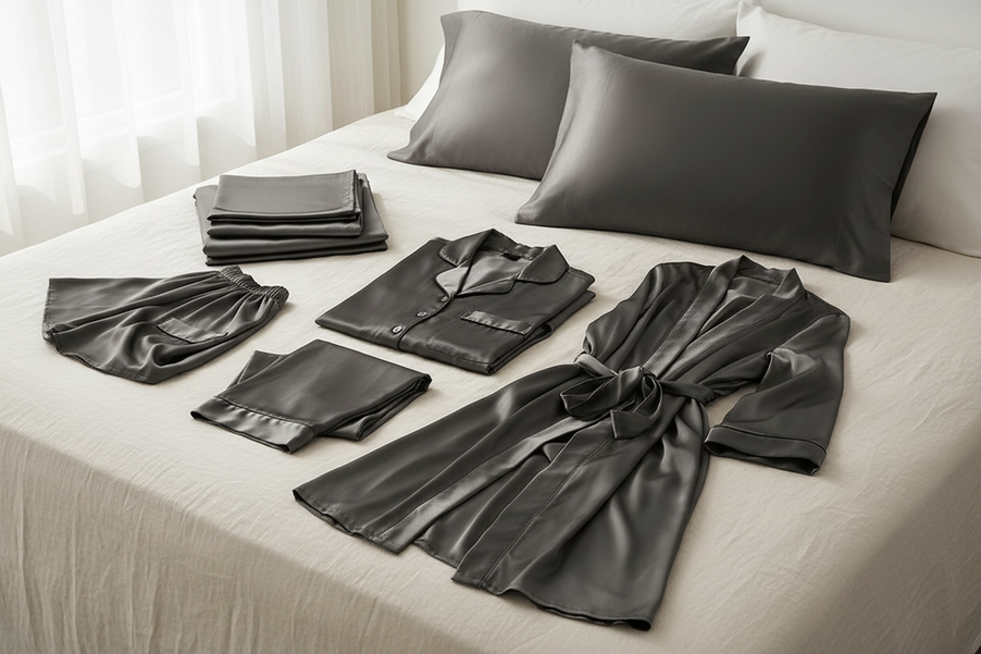 Silk pajamas, robe, sheets, and pillowcase arranged for a silk care guide