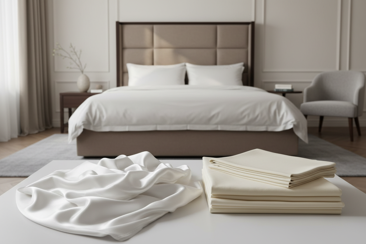 Editorial bedroom scene with premium bedding textures for a silk versus bamboo comparison.