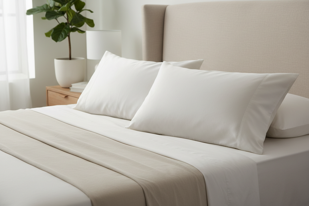 Silk and cotton pillowcases on a bed for beauty sleep comparison